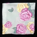 Detail of pink floral peony print on a smooth grey satin square scarf with rolled edges - Standard Spec / Light Gray
