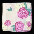 Close-up of silk scarf showing pink peony and branch prints on beige satin fabric - Standard Spec / Khaki