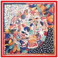 Foulard artistico da 130cm in simil seta con foglie di palma e stampe animali variopinte - Rosso