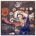 Van Gogh Sternennacht Ölgemälde Seidenschal mit dunkelbraunem Rand und Satin-Glanz - Sternennacht Kunststil / Kaffeebraun