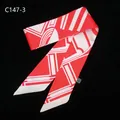Elegant geometric stripe skinny silk scarf for handbags in red and white twill - 85cm / Red White Geometric (C147-3)