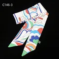 Narrow silk twilly with colorful abstract wave and floral pattern on white background - C146-3 / 85cm