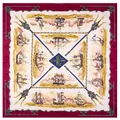 Pañuelo cuadrado de seda náutico de 130cm con estampados de barcos en color granate - Burdeos