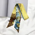 Detailed macro view of Van Gogh style twilly silk scarf with artistic oil painting patterns - 95cm / Blue-Yellow Contrast Art Style (C145-9)