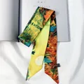 Detailed close-up of Van Gogh style oil painting twilly silk scarf on a magazine - 95cm / Orange-Yellow Impression Art Style (C145-8)