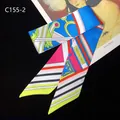 French style colorful geometric stripe silk twilly scarf with Fashion-Paris typography - Royal Blue Pink And Yellow Geometric Patchwork Style (C155-2)