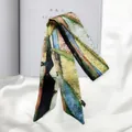 Close-up of artistic oil painting print silk twilly scarf with elegant brand tag - 95cm / Abstract Color Style (C145-1)