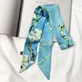 Van Gogh Almond Blossom style twilly silk scarf in sky blue with floral patterns - 95cm / Almond Blossom Art Style (C145-2)