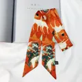 Artistic twilly scarf with oriental patterns of deer and figures on orange-red fabric - 95cm / Nine-Colored Deer Art Style (C145-4)