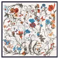 Square silk scarf with vintage floral and butterfly print on creamy white background - White With Navy Border