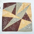 53cm square silk satin scarf with paisley pattern and geometric color blocking - 53cm / Khaki