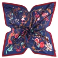 Elegant navy blue satin square scarf with floral and insect patterns and red borders - Navy Blue
