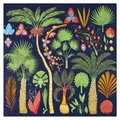 Tropical palm tree and floral print silk square scarf in navy blue with botanical pattern - Navy Blue