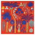 Red silk square scarf with blue palm tree print and tropical floral pattern for women - Red