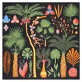 Women's silk square scarf featuring tropical palm trees and floral illustrations on black - Black