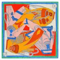 Colorful square silk scarf featuring vintage military motifs and vibrant patterns - Blue Edge