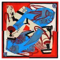 Classic military uniform pattern square silk scarf in red blue and cream white tones - Black Red Border