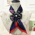 60cm floral navy blue silk scarf for women featuring a vintage print and pearl clip - 60CM / Navy Blue