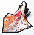 Silk feel square scarf with autumn maple leaf oil painting print and dark border - Orange