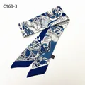 Blue and white paisley floral polyester skinny silk scarf for handbag handles or hair tie - Blue White Scroll Pattern (C168-3)