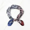 Elegant 53cm silk-like square scarf featuring sketch peony patterns and color splicing - Navy Blue Edge