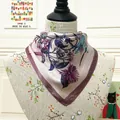 Close-up of a 60cm silk square scarf featuring purple floral and hummingbird patterns - 60CM / Taro Purple