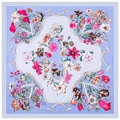 Elegant light blue silk-like square scarf with artistic floral patterns and ribbons - Light Blue