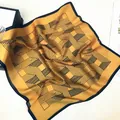 Ginger yellow silk square scarf with black geometric lines and satin finish texture - 53x53cm / Turmeric