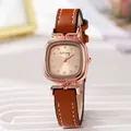 Reloj de cuarzo cuadrado elegante para mujer con correa de cuero marrón y esfera de oro rosa champagne - Café