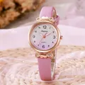 Montre à quartz avec bracelet en cuir rose et décoration de boîtier en forme de cœur - Violet