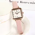Elegant women's square rose gold watch with pink leather strap and vintage dial - Pink