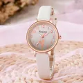Fashionable quartz watch for women featuring a cat pattern dial and white leather strap - White