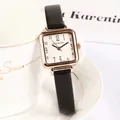 Orologio quadrato minimalista da donna con cassa oro rosa e cinturino in pelle nera elegante - Nero