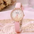 Pink quartz watch for women featuring a cute cat pattern dial and rose gold metal case - Pink