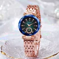 Women's rose gold mesh steel watch with faceted blue starry dial and diamond markers - Blue