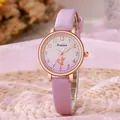 Detail of lavender leather strap watch with rose gold case and cat silhouette on gradient dial - Purple