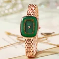 Elegant rose gold steel strap watch for women with a deep green square dial and pearl decor - Green