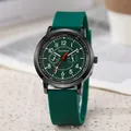 Detailed close-up of dark green men's quartz watch dial with red second hand and sub-dials - Green