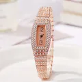 Elegant rose gold rectangular women watch with full rhinestone inlay and quartz movement - Rose Gold
