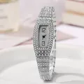 Luxury silver-tone tonneau watch for women with full crystal encrusted band and case - Silver