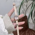 Elegant women's quartz watch with small round white dial and apricot leather strap - Apricot