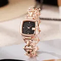 Detail of rose gold square watch with black dial and unique geometric link bracelet - Silver Strap Black Dial