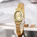 Elegante goldene Damen-Stahluhr in Ovalform von DOUKOU mit Gliederarmband und schwarzen Ziffern - Goldgehäuse Goldzifferblatt