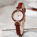 Women's quartz watch with burgundy leather strap and rose gold rhinestone-studded case - Red