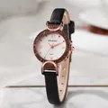 Women's quartz watch with rose gold rhinestone case and slim black leather strap - Black