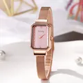 Women's rectangular quartz watch in rose gold with a pink dial and mesh band - Pink Dial