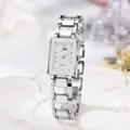 Elegante quadratische Quarz-Damenuhr in Silber mit weißen Emaille-Gliedern und Diamanten - Silber-Weiß