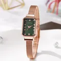 Women's rose gold square watch with green dial and minimalist mesh strap - Green Dial