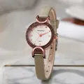Women's quartz watch with rose gold diamond case and khaki leather strap - Gray
