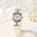 Elegante reloj de cuarzo para mujer con esfera plateada y correa de perlas blancas - Esfera Blanca